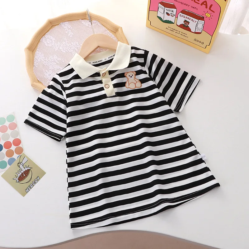 Summer Girl Dress Bear Embroidered Polo Neck Dresses Striped A-line Skirt Princess Skirt Soft and Comfortable Children Clothes