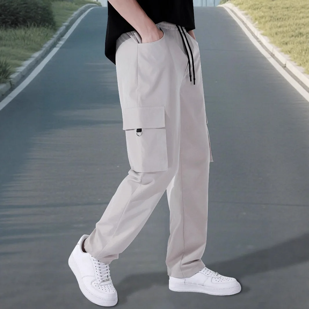 

2025 New Summer Versatile Trendy Fashion Solid Color Men's Work Pants with Drawstring Multiple Pockets Casual Long P cargo pants