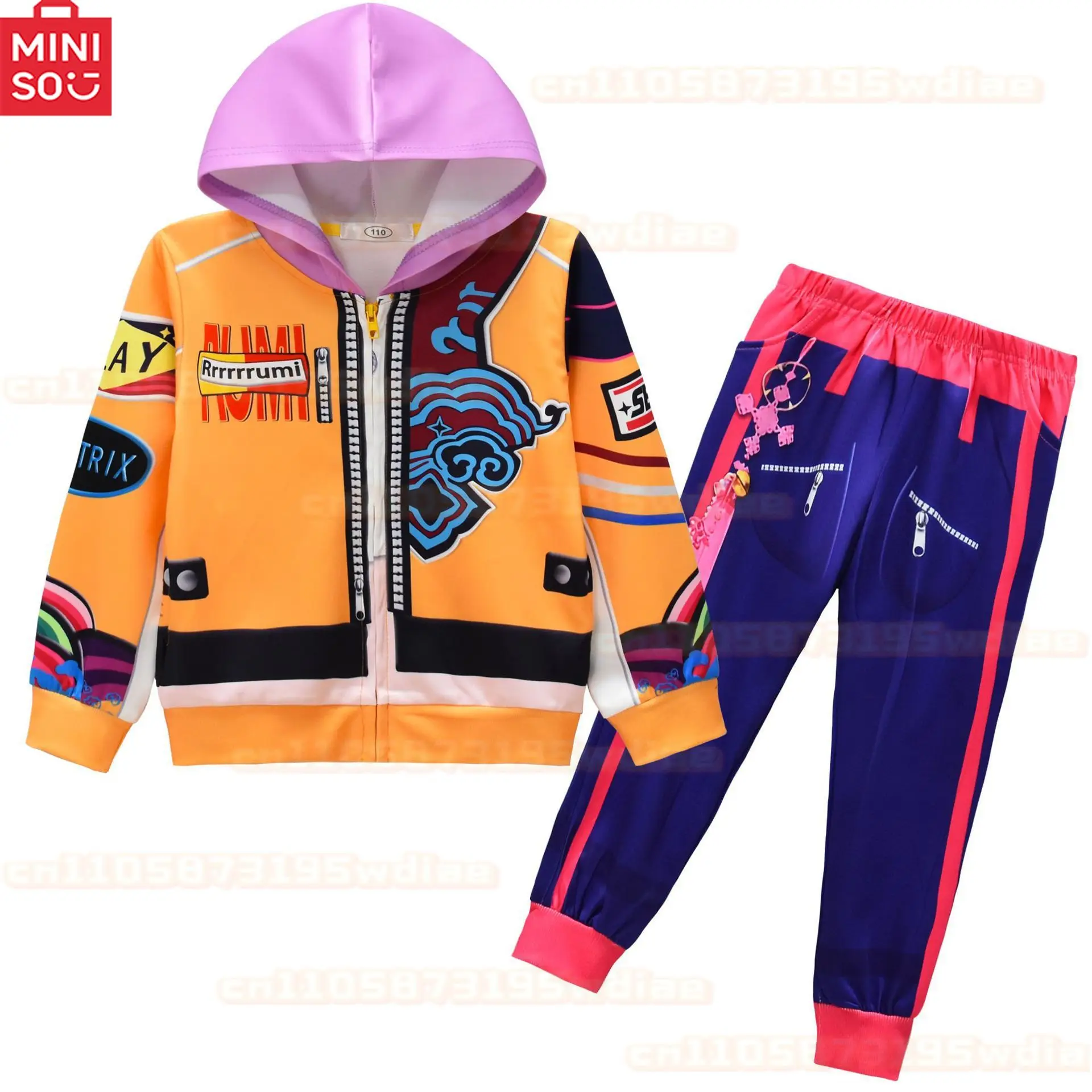 

Kids Girls Rumi Hoodie Pants Cosplay Kpop Demon Hunters Rumi Costume Anime Hooded Tops Pullover Coat Pants Halloween Party