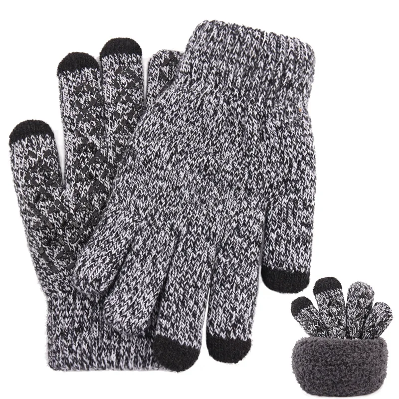 Double-layer knitted touch screen gloves men's winter warm piled thickened non-slip outdoor wholesale finger wool gloves
