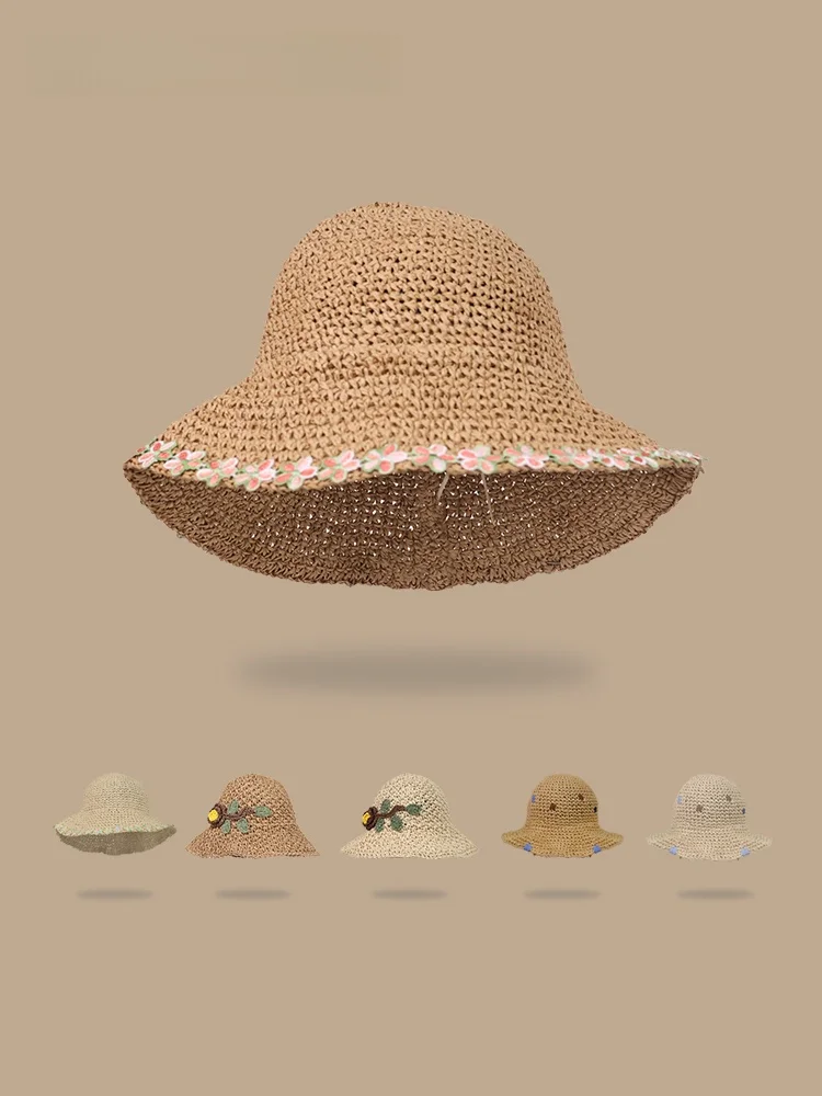handcrafted-summer-straw-hat-women's-fishing-cap-sweet-anti-aging-beach-sand-beach-sunscreen-foldable-wide-brim-round-top
