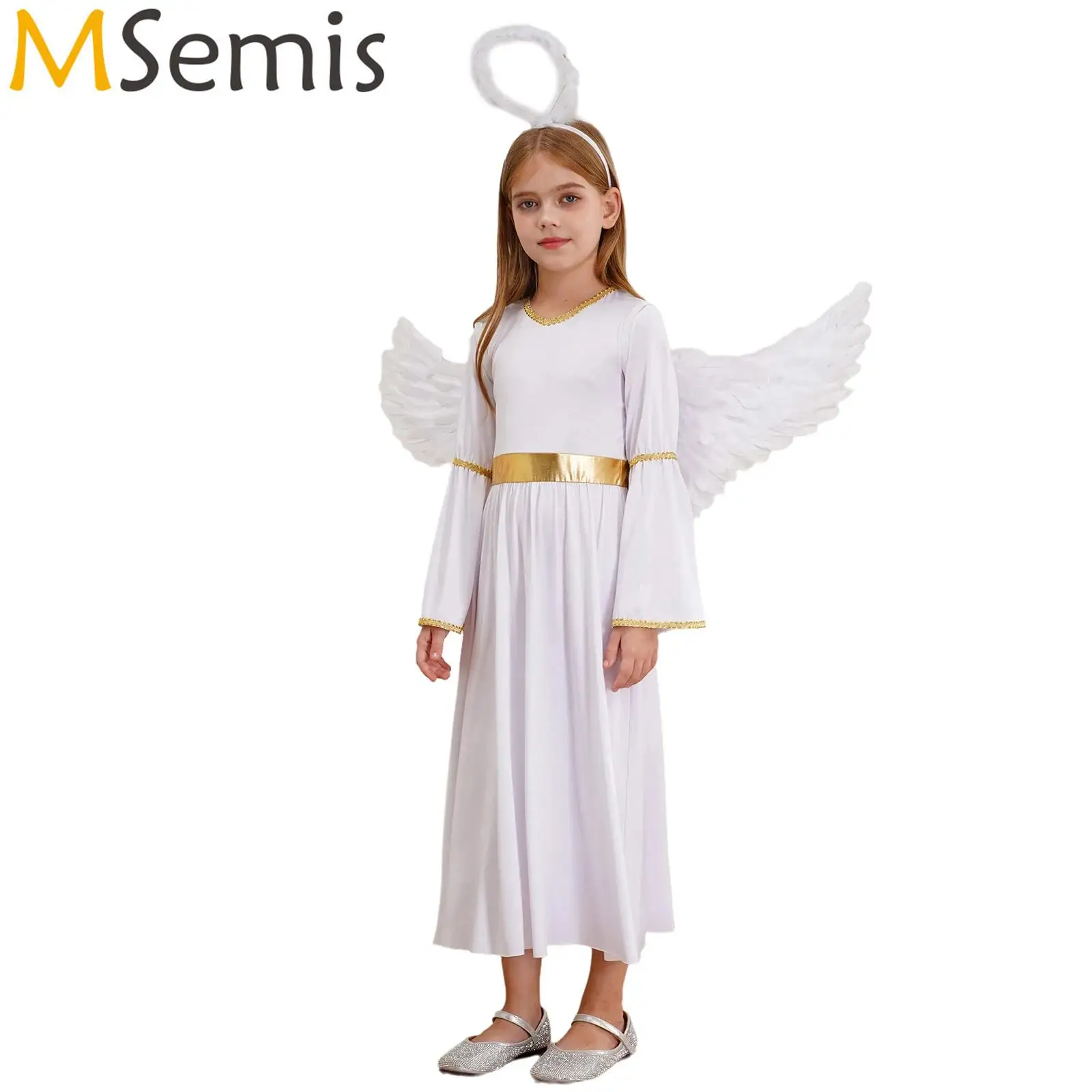 Girls Angel Cosplay Performance Costume Angel Dress Long Sleeve Gold Trim Gown Dress with Feather Hairband And Angel Wings