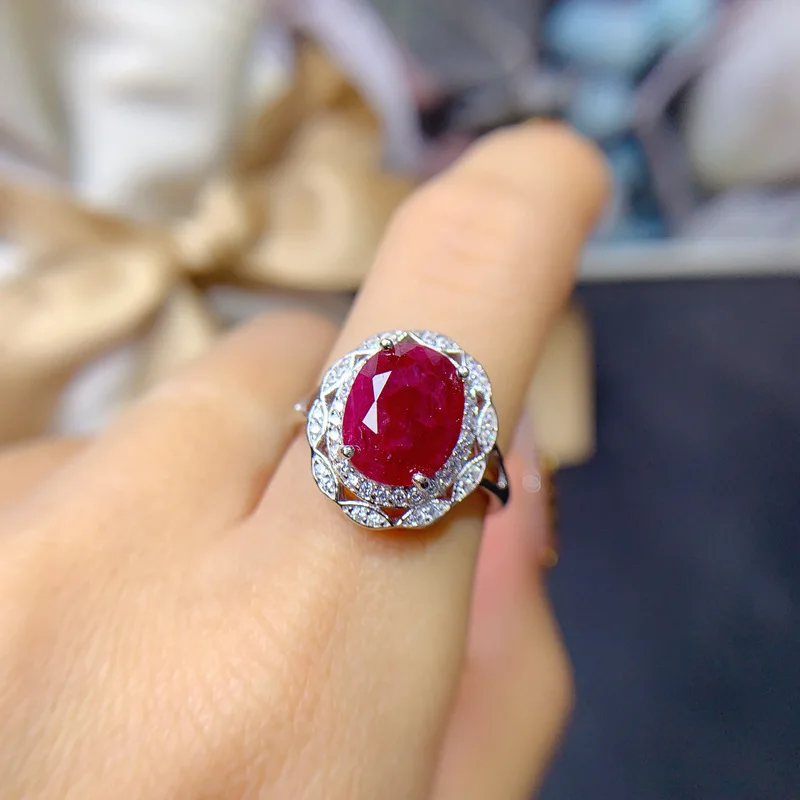 Natural Heated Ruby Ring 8x10mm, 925 Silver Adjustable Band with Certification, Traditional Treatment