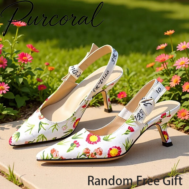 Purcoral New Floral Print Heels Women Pointed Toe Back Strap Pumps Bow Thin Heel Sandals 2026 Summer Shoes Free Shipping