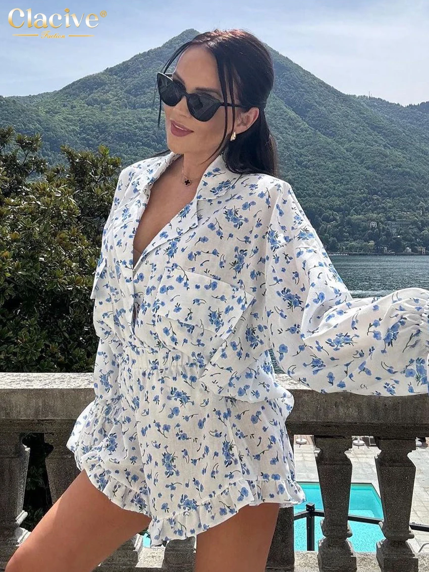 Clacive Fashion Loose Print 2 Piece Sets Women Outfit 2024 Elegant Long Sleeve Shirt With High Waist Ruffle Shorts Set Female