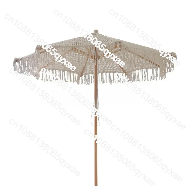 Bohemia Cotton Rope Parasols 2.5M Wooden Pole Handmade Tassels Woven Canopy Beach Umbrella with Macrame Fringe