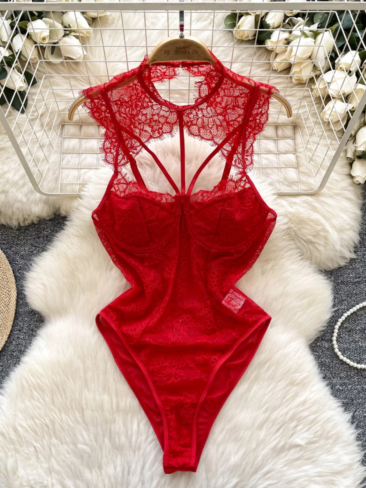 

Pure Desire Summer Me Lace Hollow out Design Sexy Spicy Girl Women's One-Piece Strapl Bodysuit Trendy High Waist orts