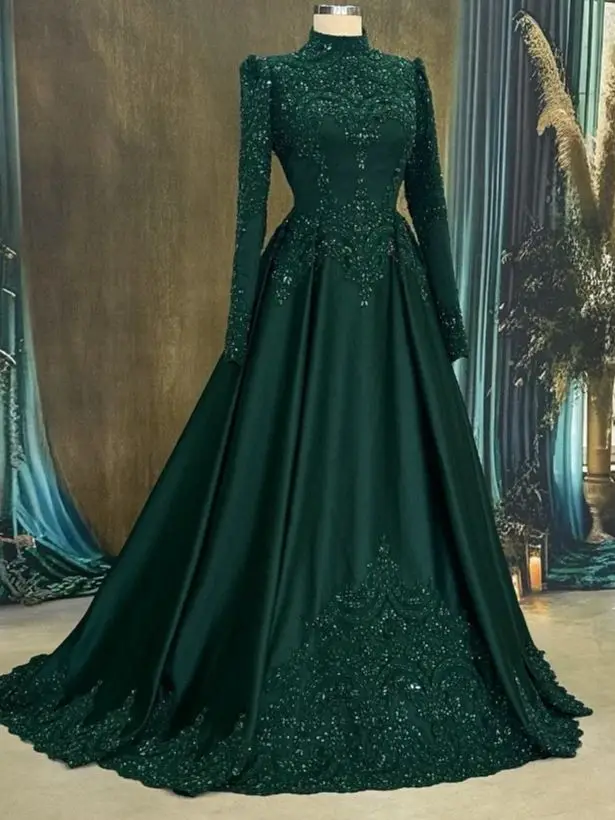 Vestido de noche musulmán verde elegante, manga larga, cuello alto, ocasión Formal, detalle de encaje con cuentas, ropa de graduación para mujer personalizada