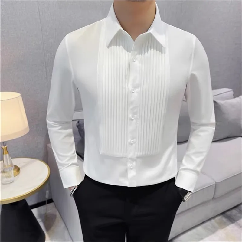 High Quality Long Sleeve Shirt Men Pleated Fold Tuxedo Shirt Mens Solid Color Smart Casual Slim Fit Formal Wedding Dress Blouses