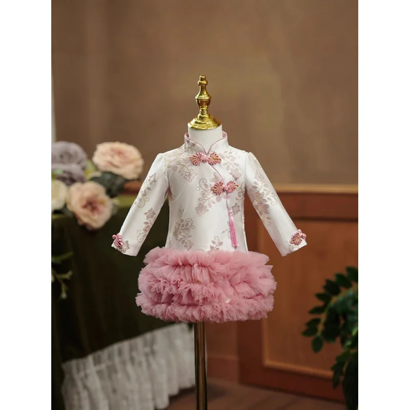 2025Girls' New Thickened High-End Embroidery Tangzhuang Dress Princess Dress2-3Years Old