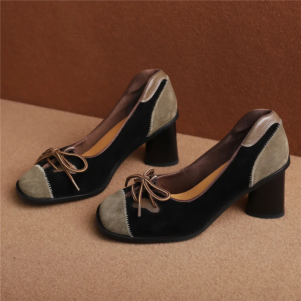 MILI-MIYA New Arrival Mixed Color Women Cow Suede Pumps Round Toe Thick Heels Butterfly Knot Slip On Casual Street Shoes