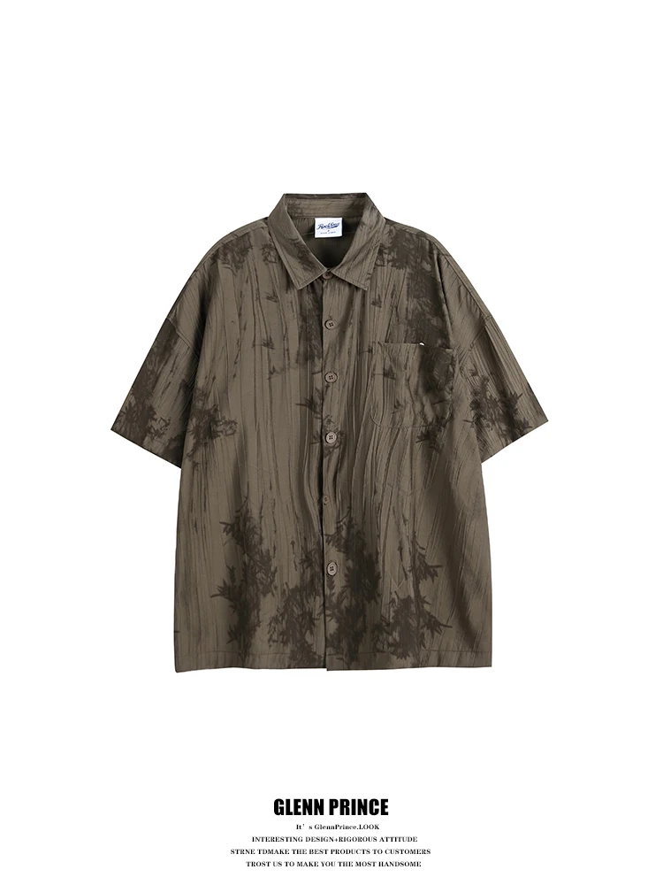 

New Chinese Style Retro Watercolor Texture Men's Short Sleeve Shirt Summer Oversize Half Sleeve Shirt Cotton Nylon Blend Printed