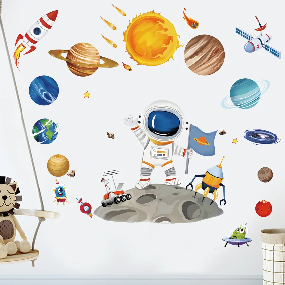 Cartoon Cute Astronaut Spaceship Rocket Planet Star Space Wall Stickers for Bedroom Living Room Nursery Decoration Wall Decal