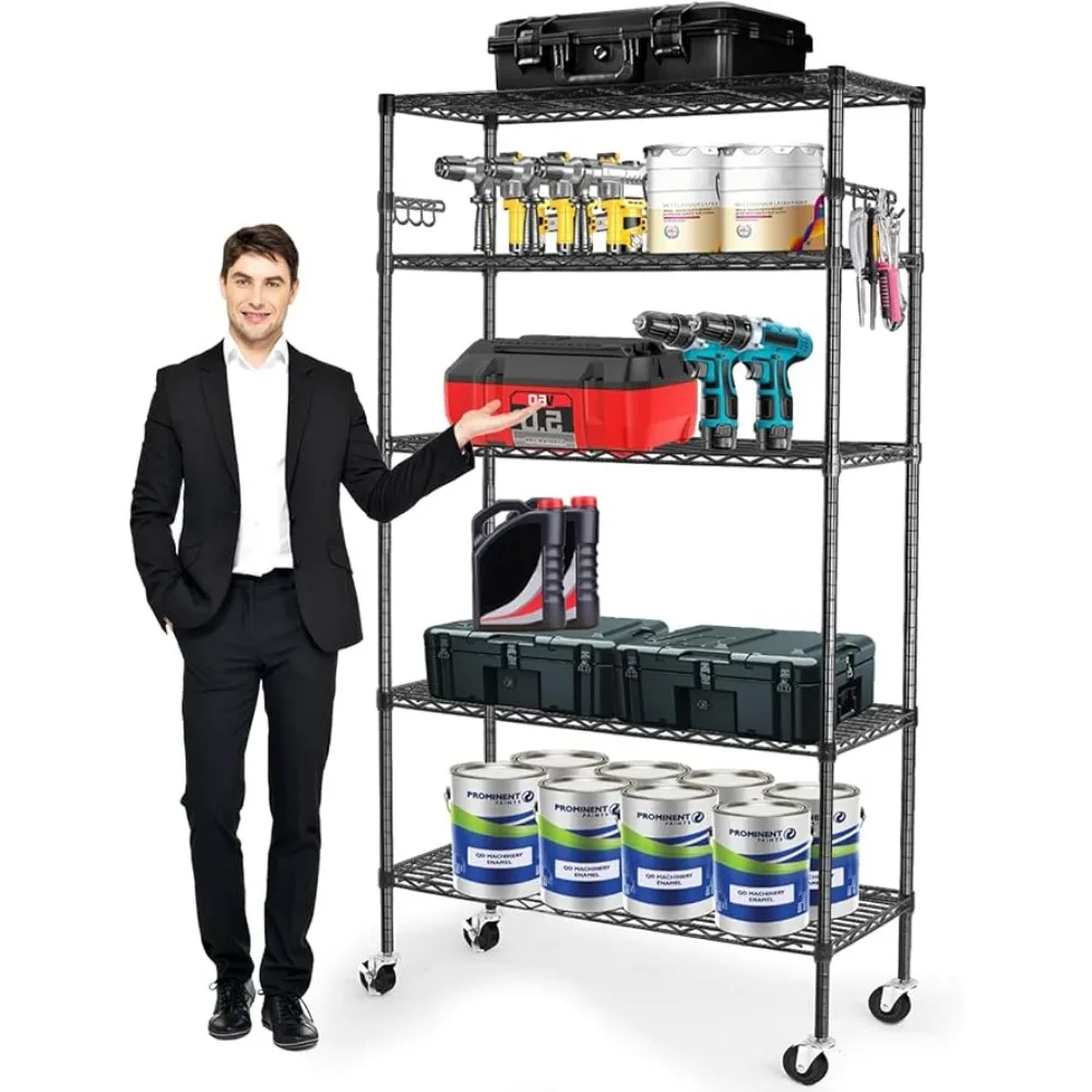 Wire Shelving,1750Lbs Capacity  Heavy Duty NSF Wire Shelf with Rolling Wheels Black Metal Storage Shelves Adjustable