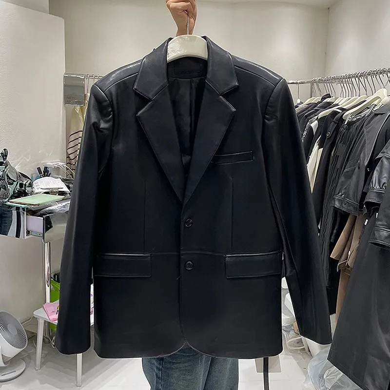 

Retro casual loose PU leather suit coat female split blazer