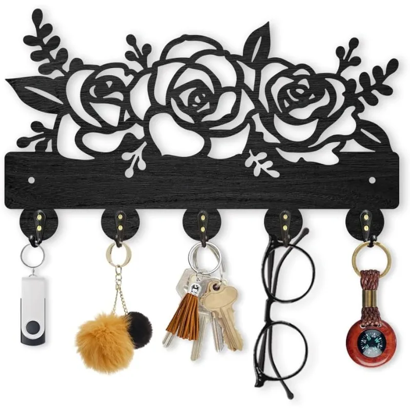 1 Set Flower Plant Coat Hooks Wall Mounted 11.8×7inch Rose Flower Wood Key Holder for Wall Decorative Key Rack Hanger