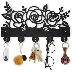 1 Set Flower Plant Coat Hooks Wall Mounted 11.8×7inch Rose Flower Wood Key Holder for Wall Decorative Key Rack Hanger