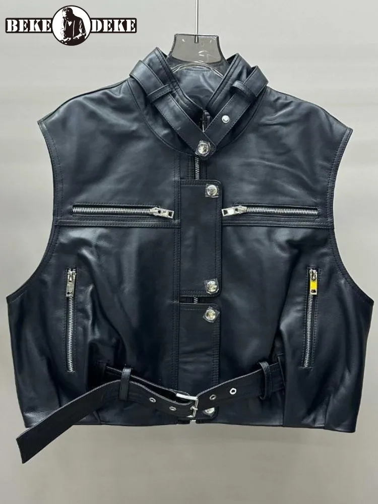

Office Ladies Single-Breasted Zipper Genuine Leather Vest Straight Sheepskin Belt Sleeveless Solid Color Comfortable Outerwear