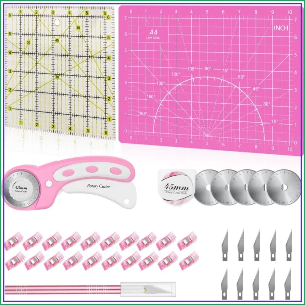 

39 Pcs Rotary Cutter Set Pink - Quilting Kit with 45mm Fabric Cutter, Extra Blades, A4 Mat, Ruler, Sewing Clips