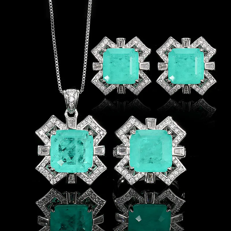 

Emerald Green Square Shaped Vintage Style Adjustable Ring Necklace Earrings with Zircon Accents for Women Elegant Party Jewelry