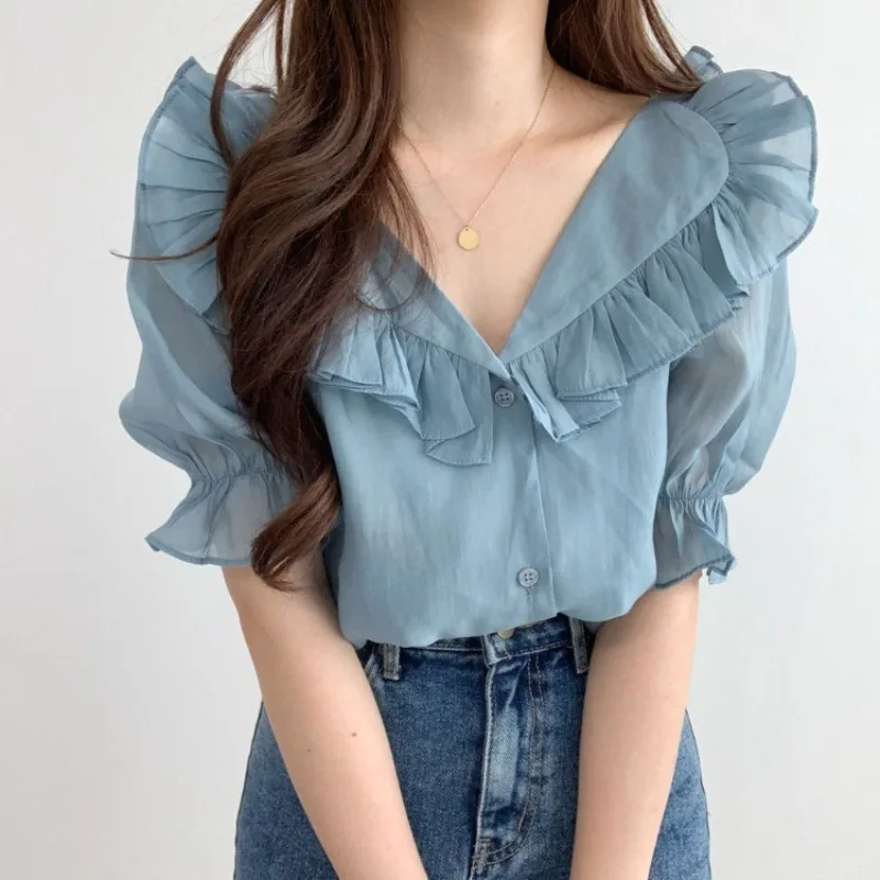 

Summer Design Sense Niche Ruffle Leaf Edge Age-reducing Sweet Bubble Sleeve Chiffon Shirt Women's Foreign Air-permeable Top
