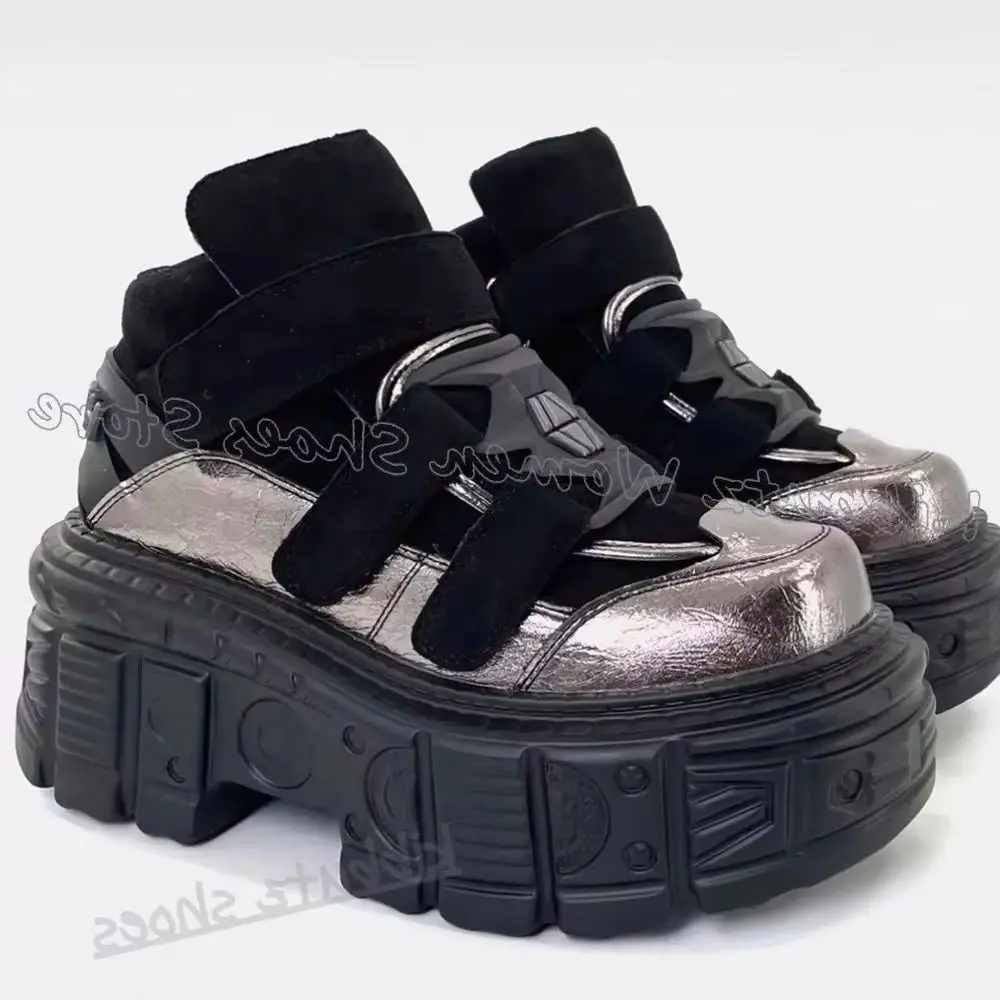 

Hook&loop Sneaker Boots Platform Patchwork Round Toe Height Increasing Punk Rock Gothic Fashion Luxury Women Shoes New Leather