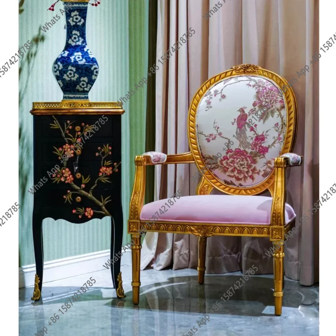 30 French light luxury solid wood dining chair American retro living room balcony gold carved single fabric sofa book chair