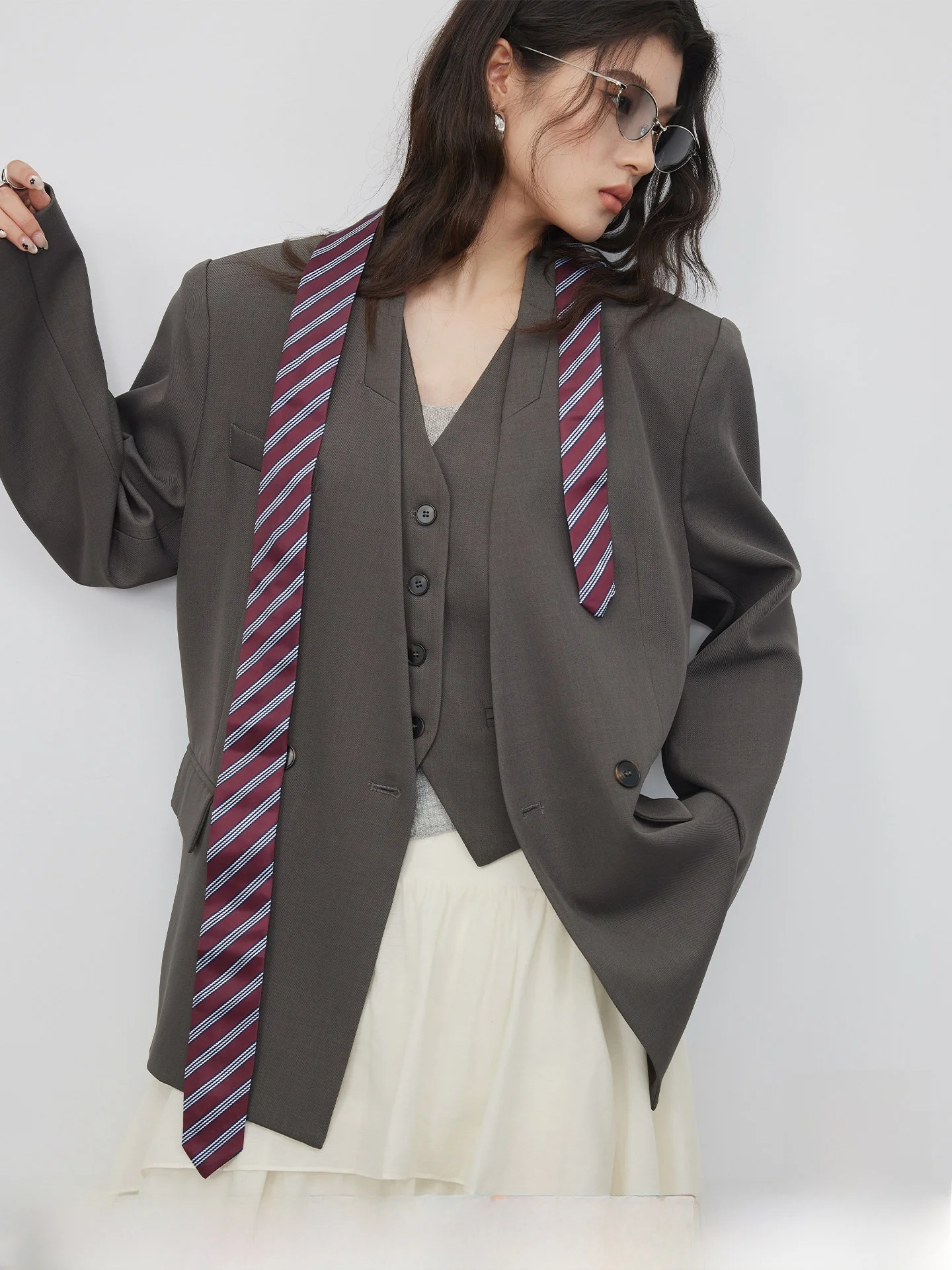 KEARA Korean Style Double Breasted Neckless Faux Two-Piece Suit Jacket Women's Spring Commute Loose Oversize Western Wear