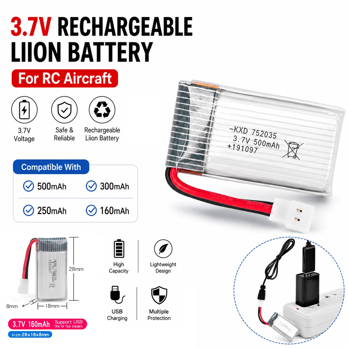 Rechargeable Liion Battery 3.7V 500mAh 300mAh 250mAh 160mAh RC Aircraft For Remote Control SU57 Mige530 FX620 FX820 F22 Aircraft