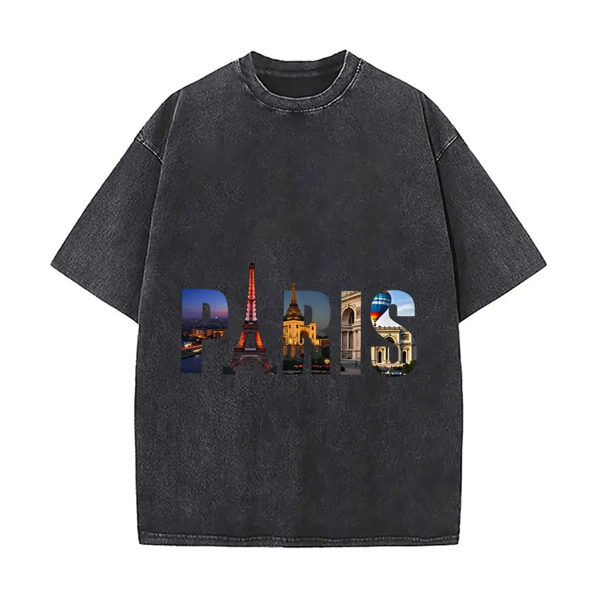 Paris Cityscape Eiffel Tower Arc De Triomphe Photo Fill Washed Distressed Loose Streetwear Tops for City Walks
