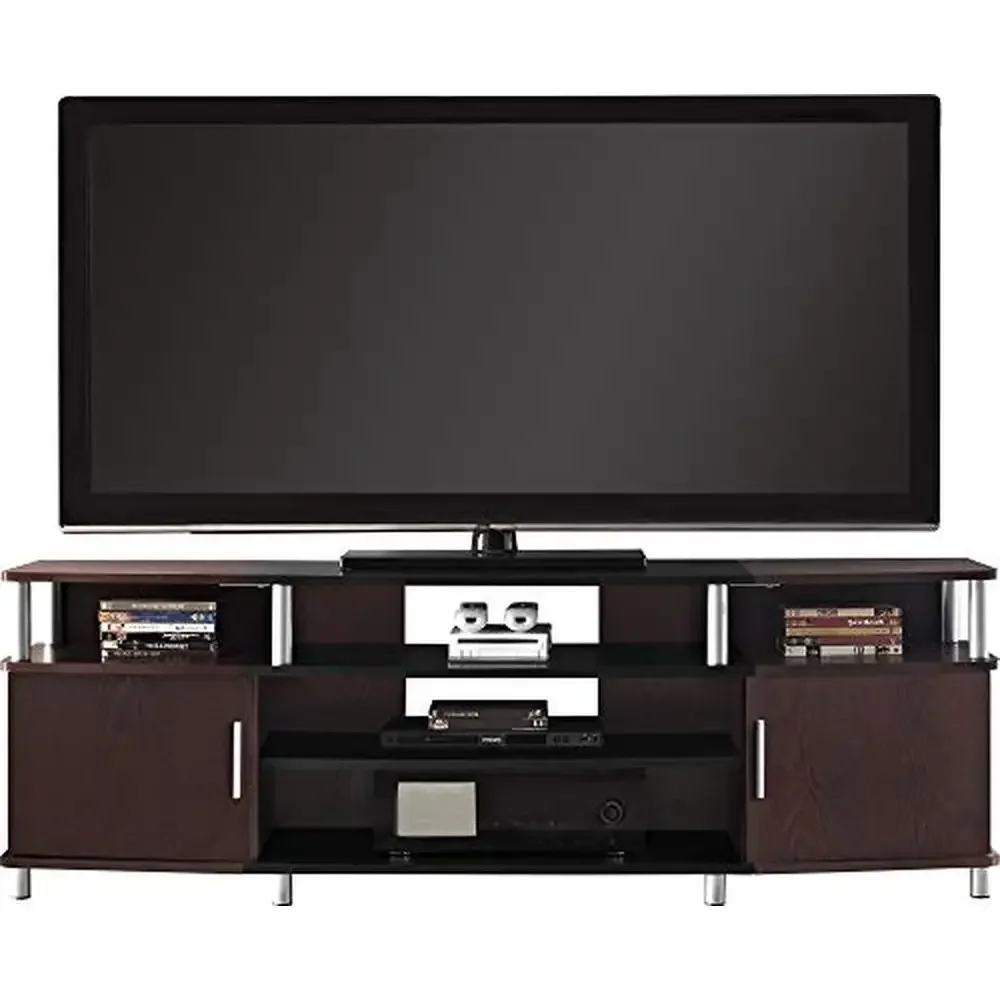 

Cherry TV Stand 70" TVs Modern Sturdy Design Open Shelves & Cabinets Organize DVDs & Games Coordinate with Carson Collection