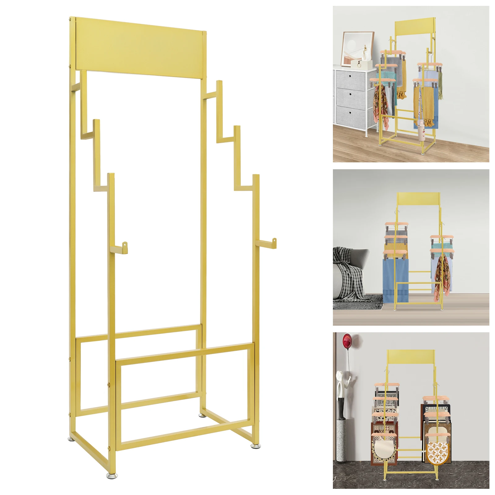 Freestanding Carpet & Scarf Display Rack Heavy Duty Golden Iron Clothing Display Stand for Stores & Home