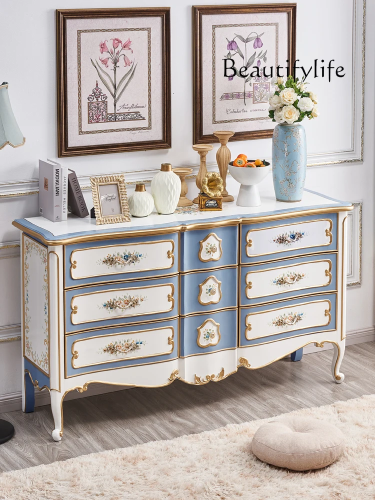 European-Style Bedroom Hand-Painted Tailstock Storage Cabinet French Entry Lux Painted Nine Bucket Solid Wood Cabinet