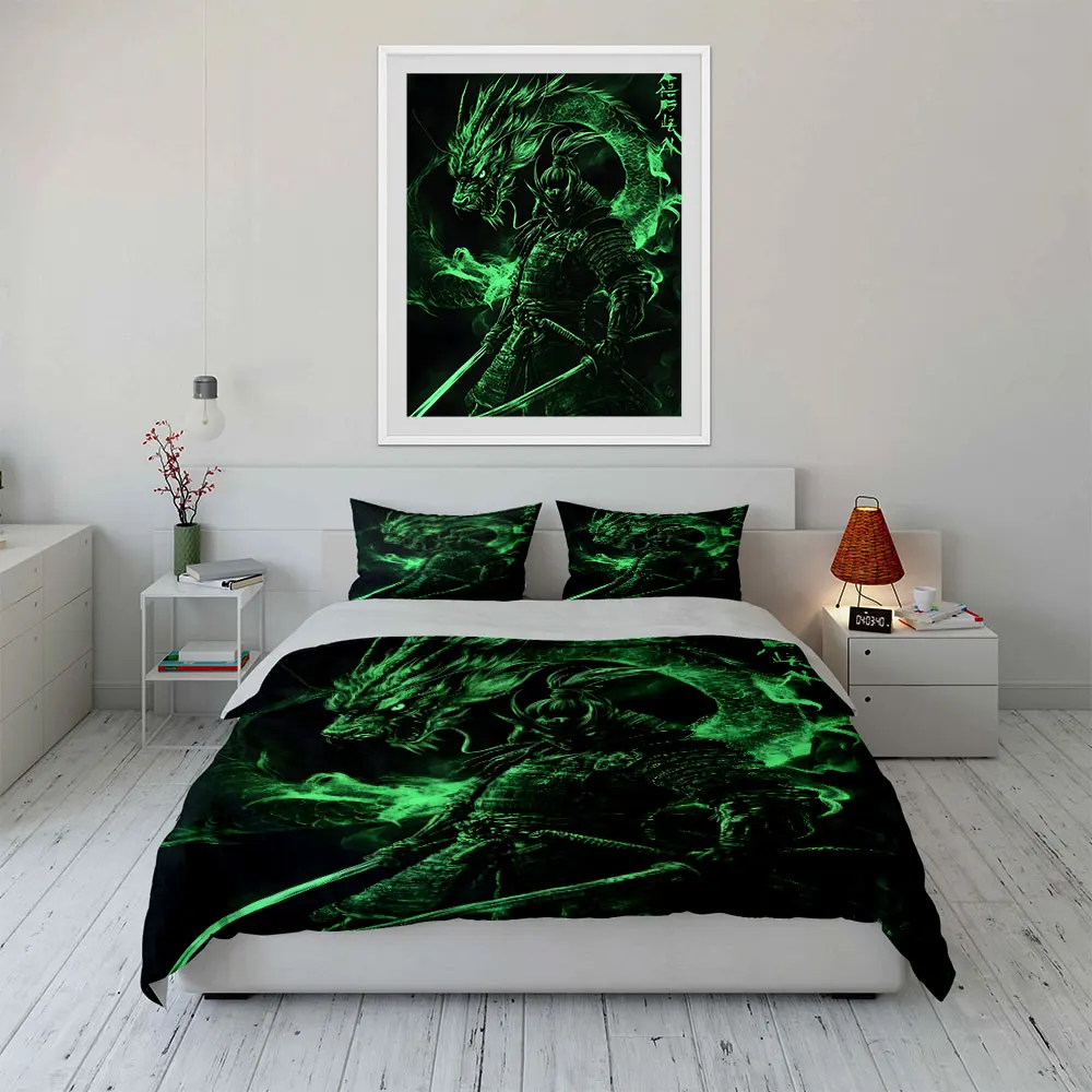 3pcs Samurai with green dragon power Print Soft Comfortable Duvet Cover Bedding Set Included 1*Duvet Cover  2*Pillowcases