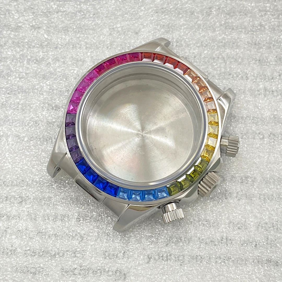 

39mm Modified Watch Case Chronograph Function Rainbow Diamond Bezel Stainless Steel Case Compatible With VK63 Quartz Movement