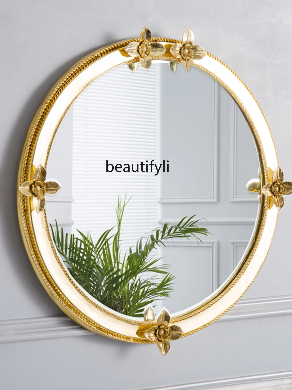 New European Style round Mirror Golden Villa Bathroom Wall-Mounted Cosmetic Mirror Bathroom Bedroom Hallway Mirror