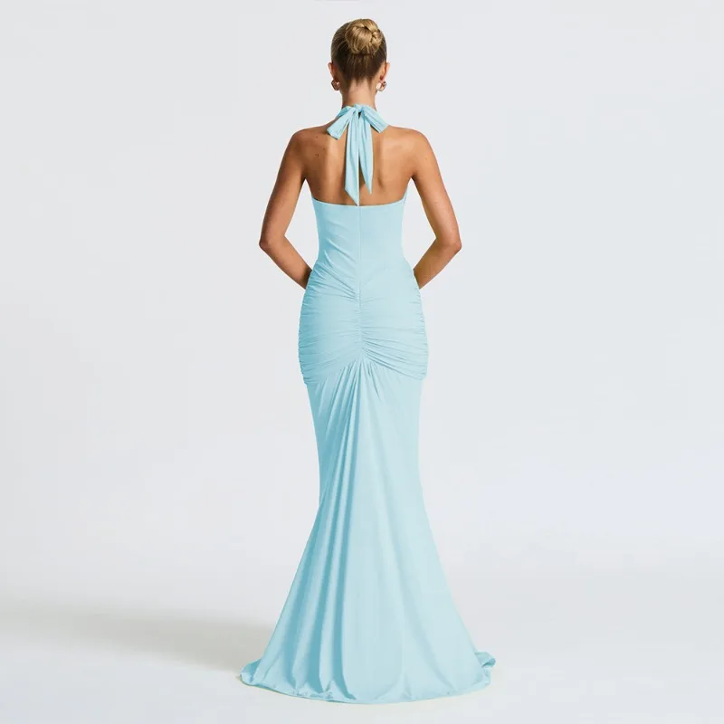 2025 New Deep V Neck Backless Ruched Sexy Maxi Dress Women Gown Summer Halter Sleeveless Draped Club Party Long Dress  Slim