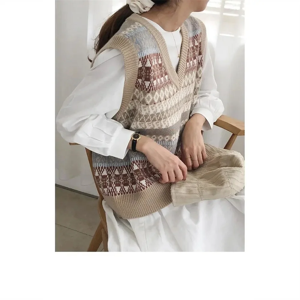 Loose Oversized Tops Autumn Basic Vintage Pullovers Jumper Female Street Wear Geometric Knitted Vest Sleeveless Sweater Women