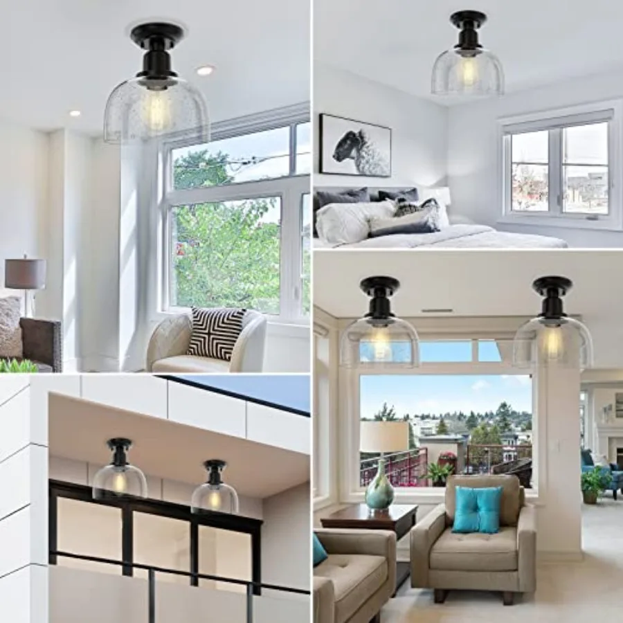 Semi Flush Mount Ceiling Light, Modern Light Fixture with Seeded Bubble Glass Shade, Oil Rubbed Bronze Finish for Hallway Corri