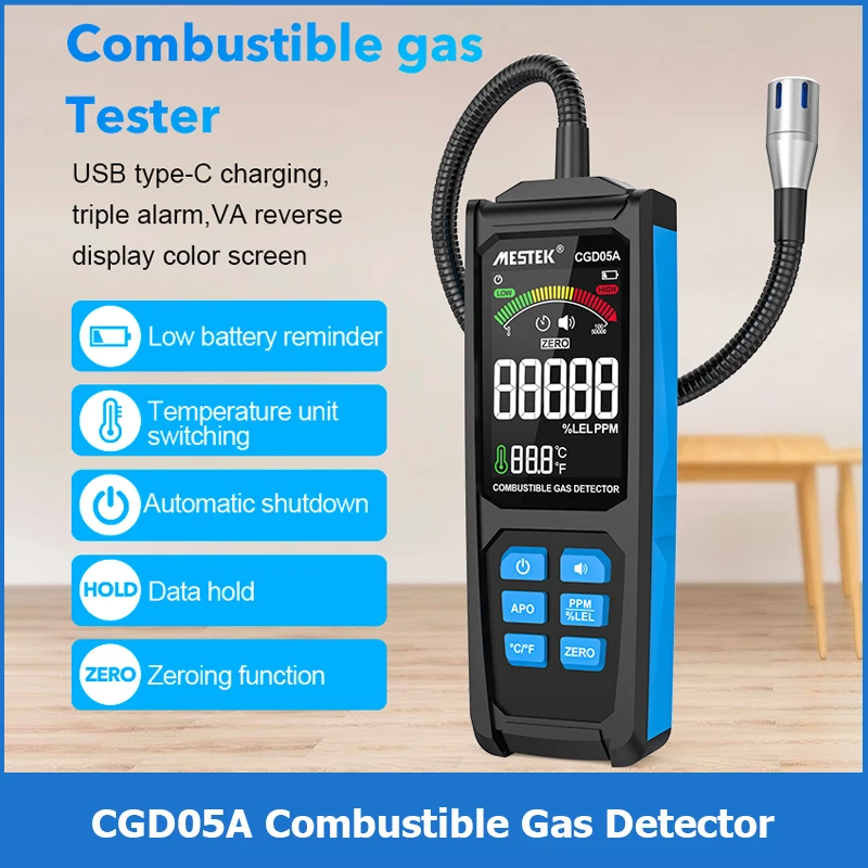 CGD05A Handheld Gas Leak Detector Charging PPM LEL VA Color Screen Gas Analyzer LPG Meter Triple Alarm Natural Gas Leak Meter