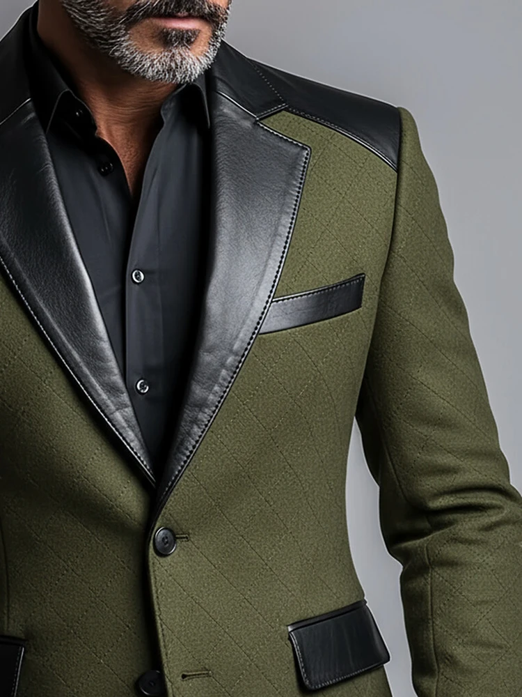 Men’s Army Green Diamond Textured Faux Suede Blazer Elegant Business Peak Lapel Single-breasted Formal Outerwear Blazer Jacket