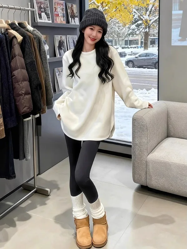 Women's Fleece Lined Mid-Length Long Sleeve T-Shirt White Base Layer Shirt Autumn Winter Inner Wear Shark Pants Top Korean Style