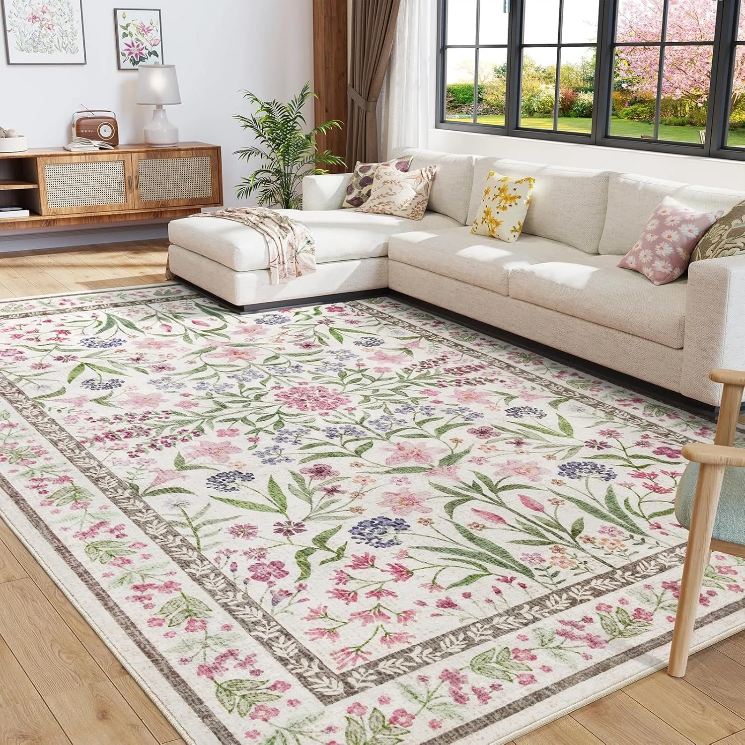 

Floral Area Rug – Cute Vintage Print Carpet for Living Room & Kids Room, Soft Non-Slip Machine Washable Floor Mat