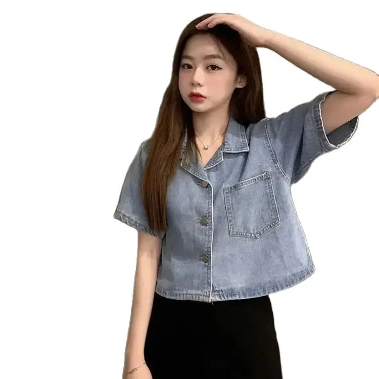 Korea Autumn Denim Shirt Women's Fashion Lace Patchwork Jean Tops Jacket Female Vintage Blue Elegant Blouses Ladies Trend Coats