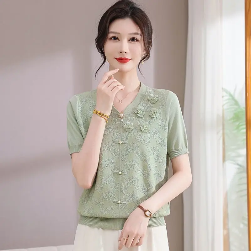 Middle Aged and Elderly Women's Summer Fashion Chinese-style Short Sleeved Knitted Tops and T-shirts in Thin Style