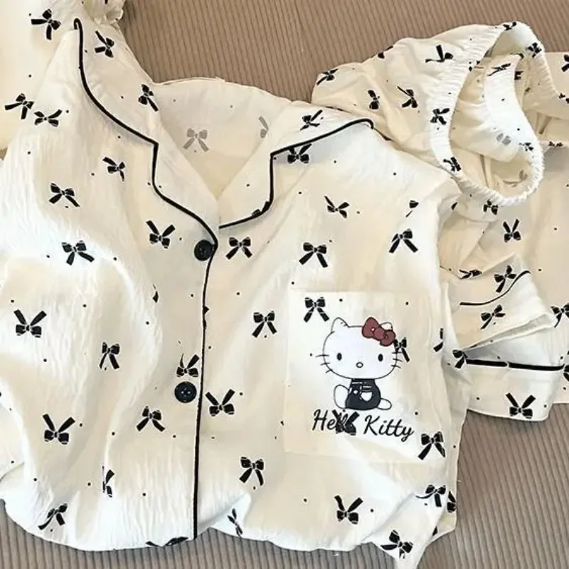 جديد مرحبا كيتي 2 قطعة منامة مجموعة Kawaii النساء قصيرة الأكمام السراويل لطيف جديد الفتيات طالب المنزل الملابس مجموعة الكرتون ملابس النوم