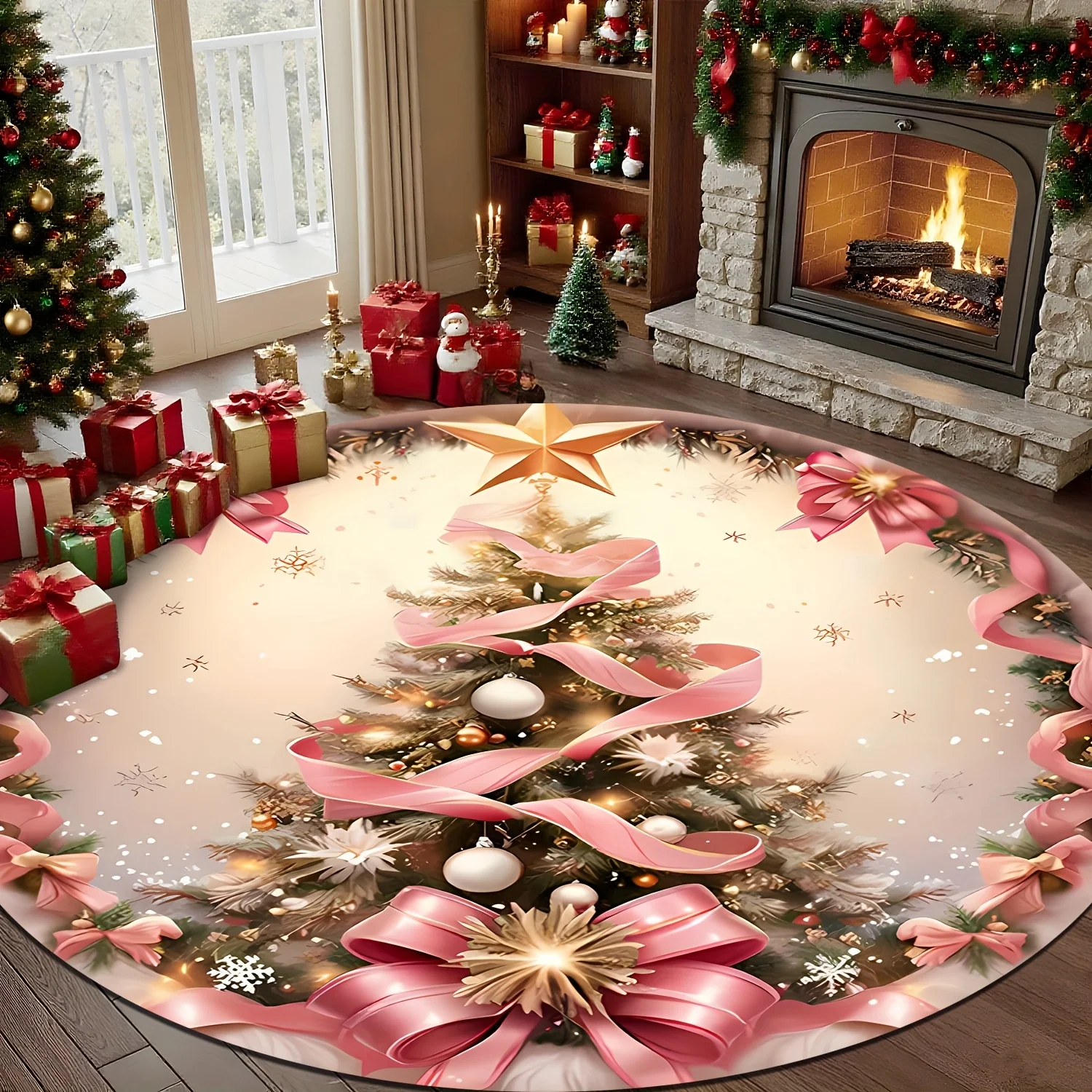 1pc Christmas Tree Pattern Round Area Rug, Indoor & Outdoor Comfortable Floor Mat for Kitchen, Home, Office, Laundry Room