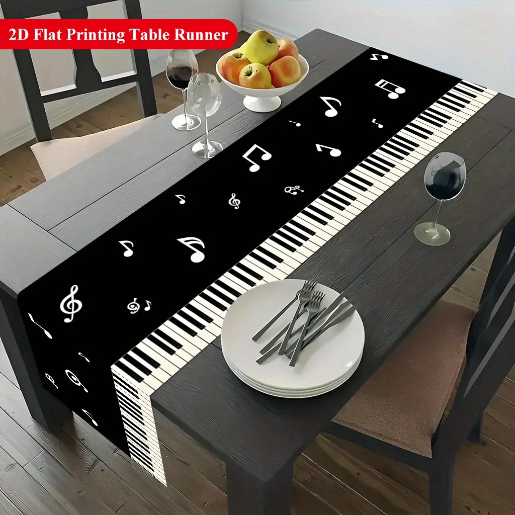 1pc 2D Flat Table Runner, Piano Keys and Music Notes Printed Rectangle Table Runner, Decor for Dining Table, Coffee Table