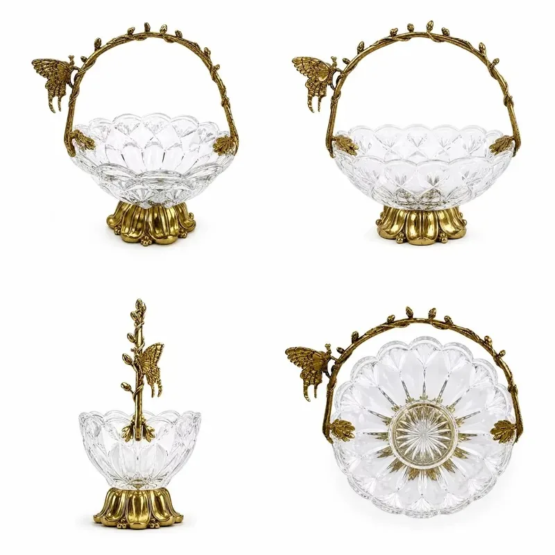 Transparent glass fruit plate with brass Nordic decorative plate for pantries and decorative tables G1273