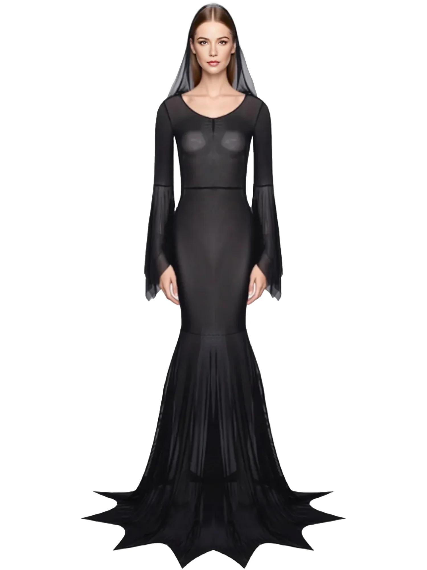 المرأة الساحرة مصاص دماء زي بقماش شفاف متوهج كم Bodycon ماكسي مقنعين فستان القرون الوسطى القوطية طول الأرض فستان لجميع القديسين